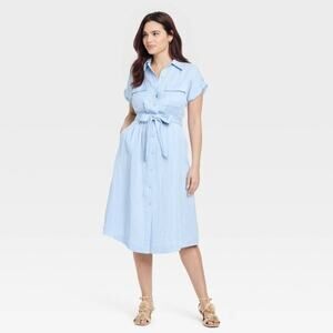A New Day Short Sleeve Midi Utility Shirtdress Blue Belted Pockets Womens XS